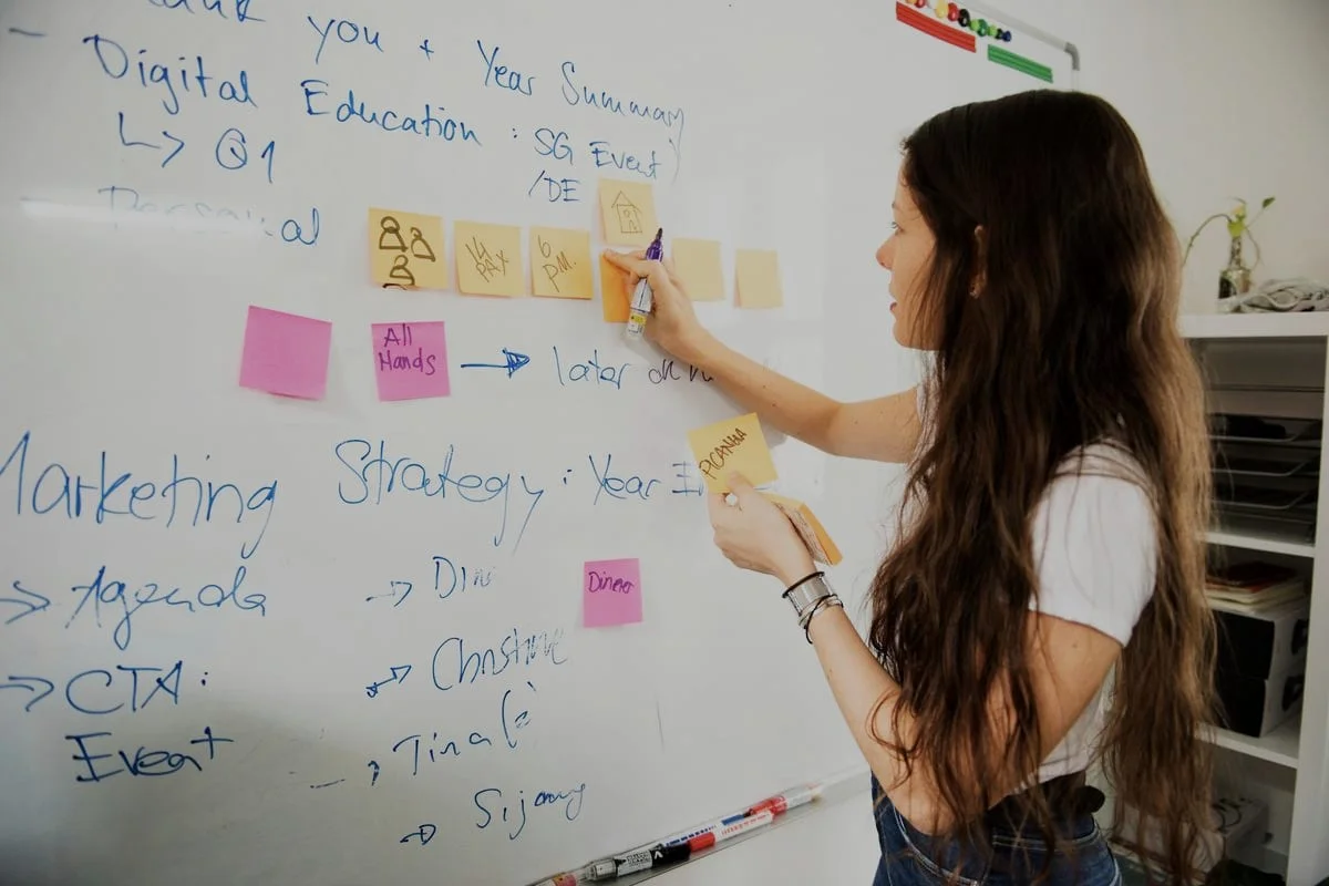 Een marketeer plakt memobriefjes op een whiteboard met een marketingstrategie